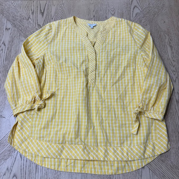 Crown & Ivy Women's Size Large Yellow Gingham Tie‎ Sleeve V-neck Blouse Top - Picture 2 of 8